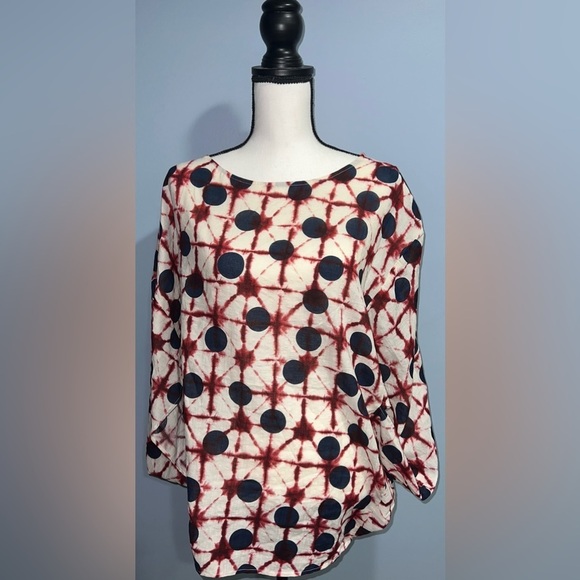 Simple Suzanne “Betro Burgundy Navy Tie Dye Dot Bell Sleeve Dolman Shirt” - Picture 2 of 6